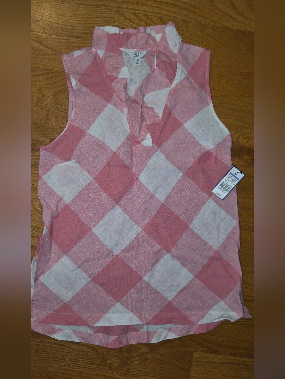 Crown & Ivy Nwt Top Size Medium Red White Ginham Ruffle Collar